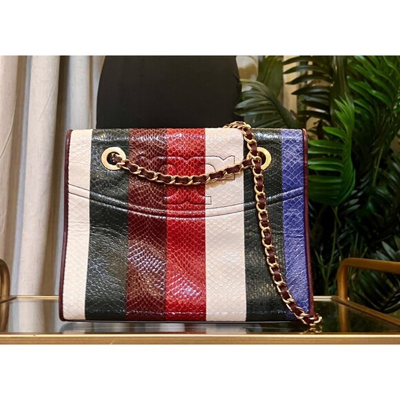 RARE!! Tory Burch Multi-Color Striped Fleming Python Chain Strap Shoulder Bag - Picture 5 of 11